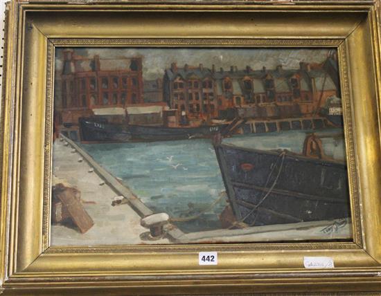 Oil on board, harbour scene, signed